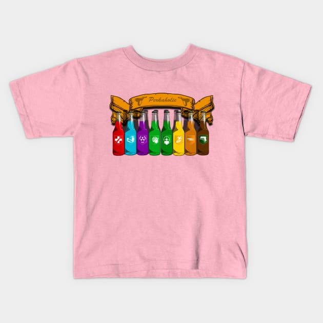 Zombie Perks Top Shelf Perkaholic on Soft Pink Kids T-Shirt by LANStudios